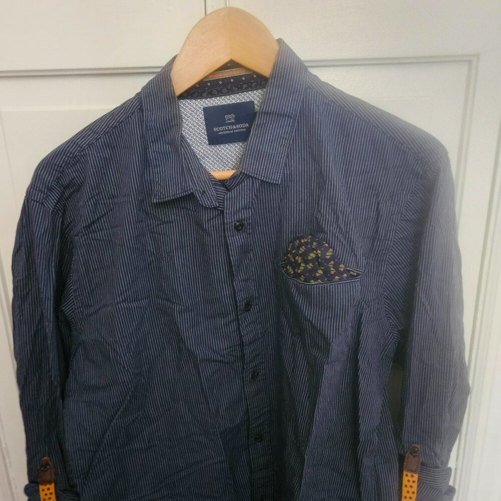 Scotch & Soda, Oxford Blue with White Pinstripes Shirt with Roll-Up Sleeves